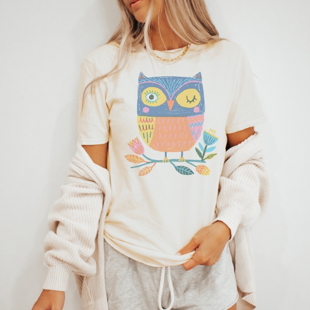 Boho Tee Winking Owl Botanical Bird Nature Inspired